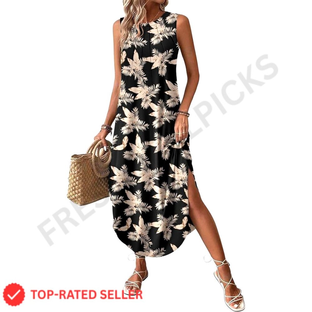 Floral Pleated Maxi Dress with Pockets Casual Beach Summer Boho Chic